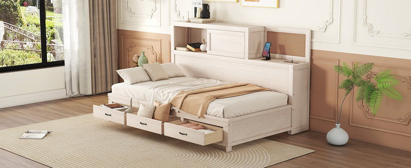 Twin Size Wooden Daybed with 3 Storage Drawers, Upper Soft Board, shelf, and a set of Sockets and USB Ports, White