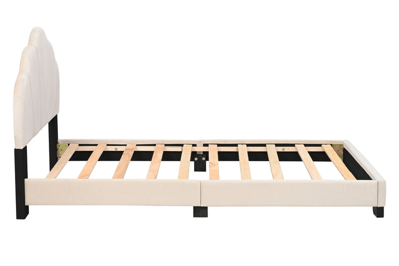 Upholstered Twin Size Platform Bed for Kids, with Slatted Bed Base, No Box Spring Needed, Beige color, Shell Design