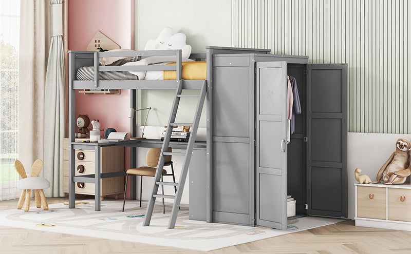 Twin Size Loft Bed With Desk, Shelves And Wardrobe - Gray