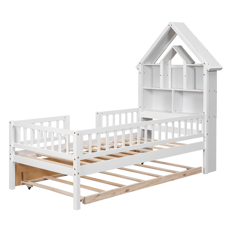 Twin Size House-Shaped Headboard with Fence Guardrails and Trundle,White