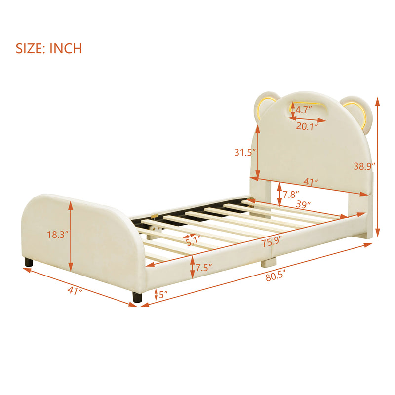 Twin Size Upholstered Platform Bed with Bear-Shaped Headboard and Embedded Light Stripe, Velvet, Beige