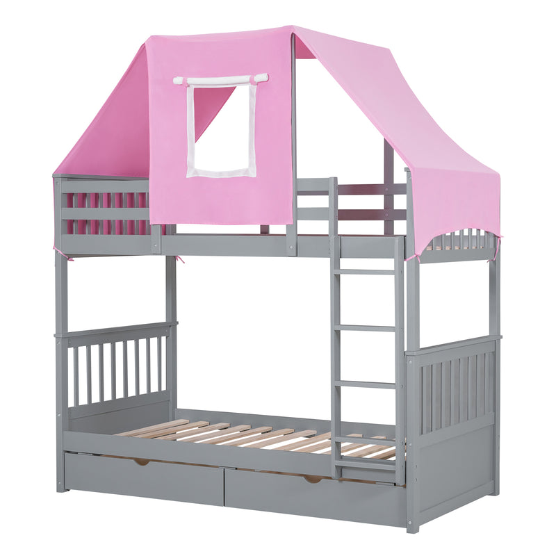 Twin Over Twin Bunk Bed Wood Bed with Tent and Drawers, Gray+Pink Tent