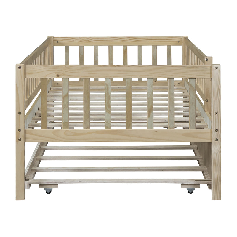 Twin Size Wood Daybed with Trundle and Fence Guardrails, Natural