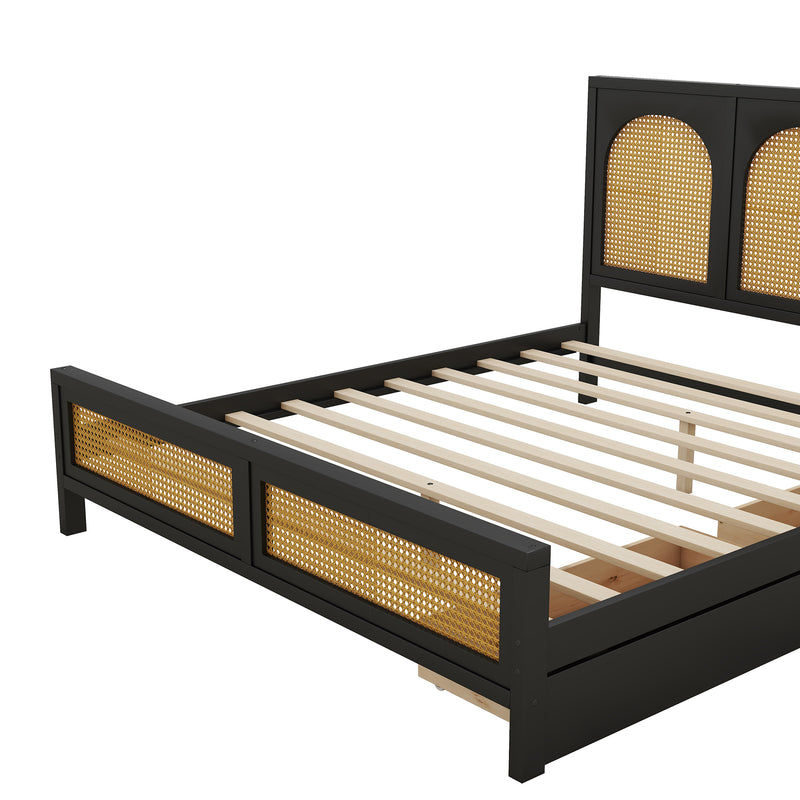 Queen Size Wood Storage Platform Bed with 2 Drawers, Rattan Headboard and Footboard, Black