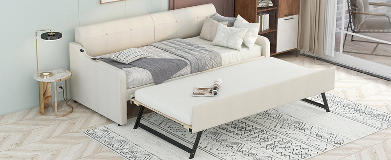 Twin Size Upholstery Daybed with Trundle and USB Charging Design,Trundle can be flat or erected,Beige