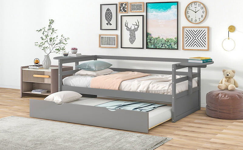 Twin Size Daybed with Trundle and Foldable Shelves on Both Sides,Gray