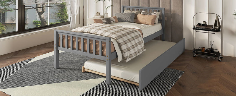 Twin Bed With Trundle, Platform Bed Frame With Headboard And Footboard, For Bedroom Small Living Space, No Box Spring Needed