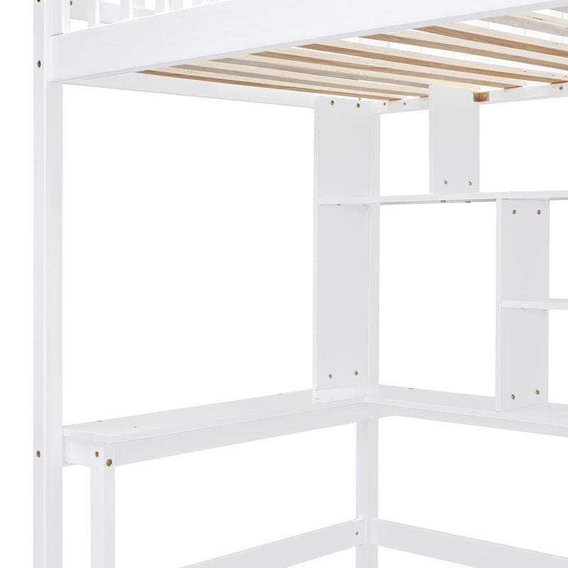 Twin size Loft Bed with Bookshelf,Drawers,Desk,and Wardrobe-White