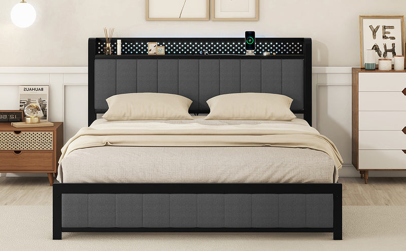 Queen Bed Frame with LED Headboard, Upholstered Bed with 4 Storage Drawers and USB Ports, Dark Grey