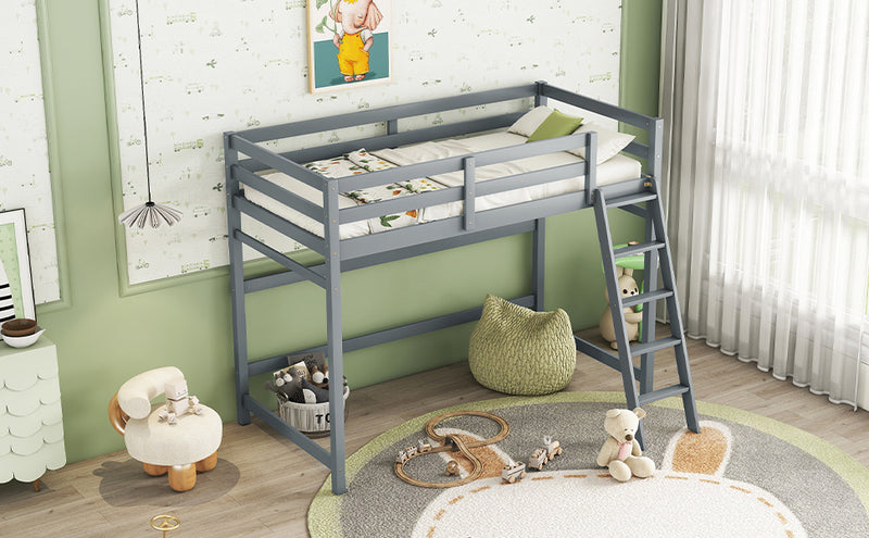 Twin Size High Loft Bed with inclined Ladder, Guardrails,Grey