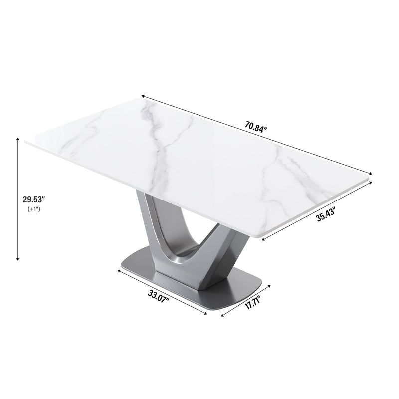 70.84" Modern Artificial Stone Panel V-Shaped Metal Legs, Can Accommodate 6-8 People - White / Gray