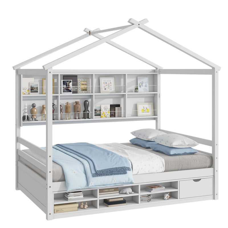 House Bed With Roof Frame, Bedside-Shelves, Under Bed Storage Unit