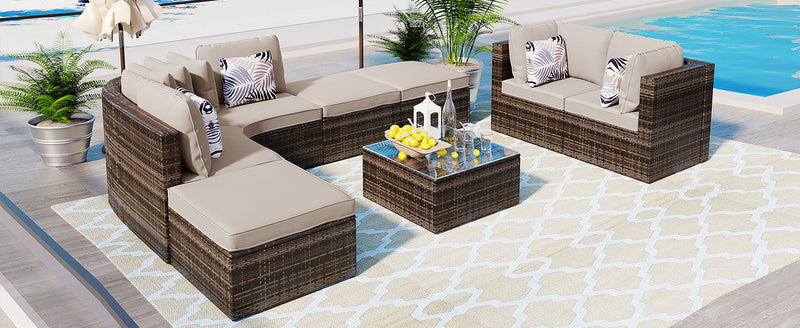 8 Piece Outdoor Wicker Sofa Set, Rattan Sofa Lounger, With Colorful Pillows, Conversation Sofa, For Patio, Garden, Deck - Brown / Beige