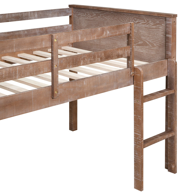 Wood Full Size Loft Bed with Hanging Clothes Racks, White Rustic Natural