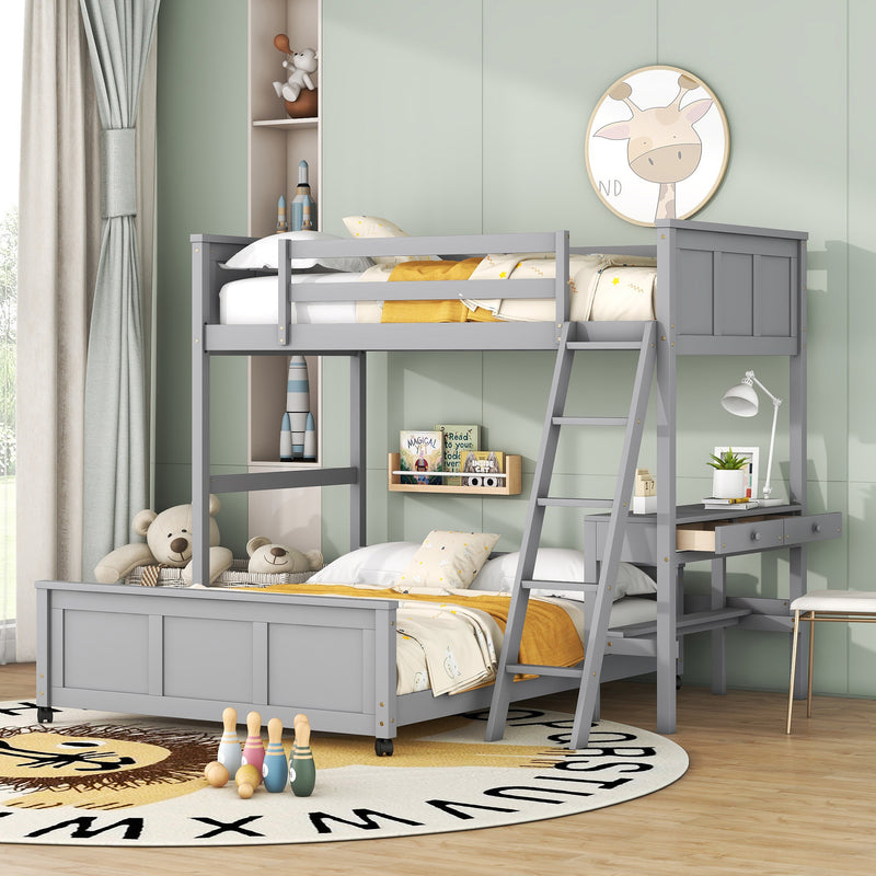 Twin Over Full Bunk Bed with Desk, Gray