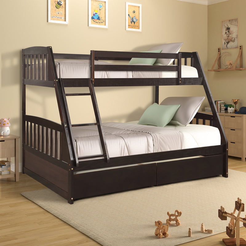 TOPMAX Solid Wood Twin Over Full Bunk Bed with Two Storage Drawers, Espresso