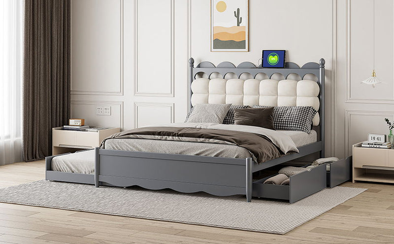 Storage Platform Bed, With 2 Big Drawers, Trundle, One Set Of Sockets & USB Ports