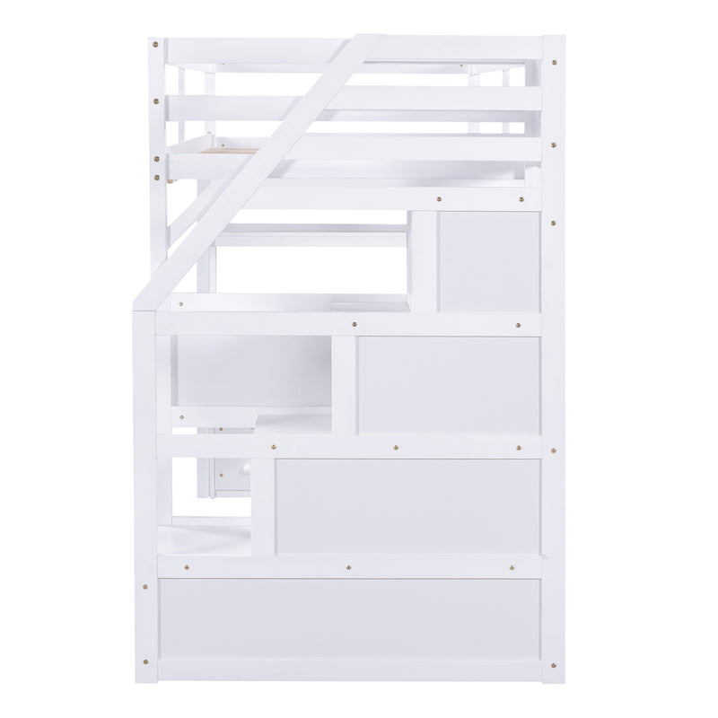 Twin Size Loft Bed with Desk and Shelves, Two Built-in Drawers, Storage Staircase, White