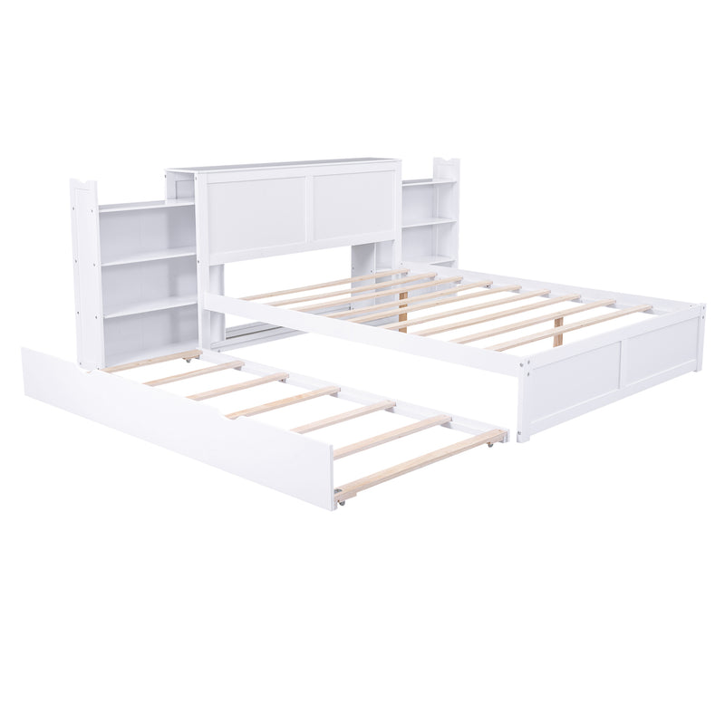 Queen Size Storage Platform Bed with Pull Out Shelves and Twin  XL Size Trundle, White