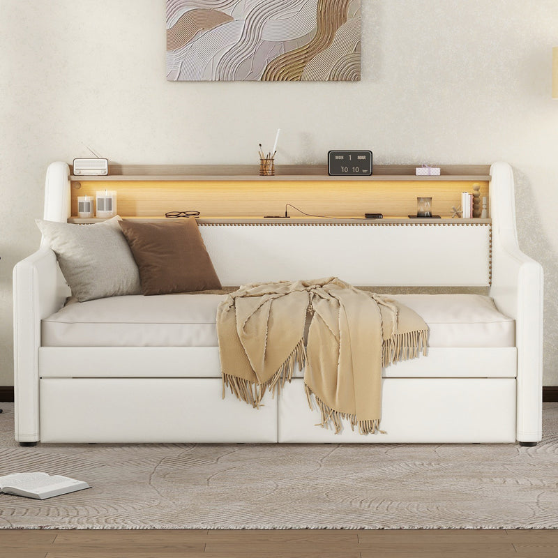 Twin Size Daybed with Storage Drawers, Upholstered Daybed with Charging Station and LED Lights, White(Expect arrival date May, 9th