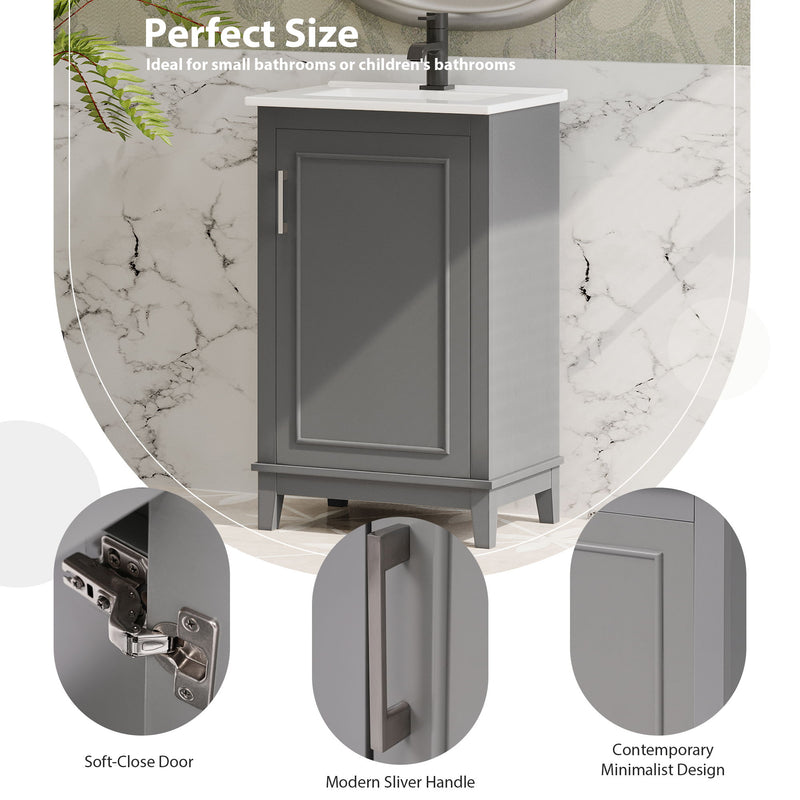 Modern Small Bathroom Vanity Cabinet With Ceramic Basin, Ample Storage, 1 Soft Close Door