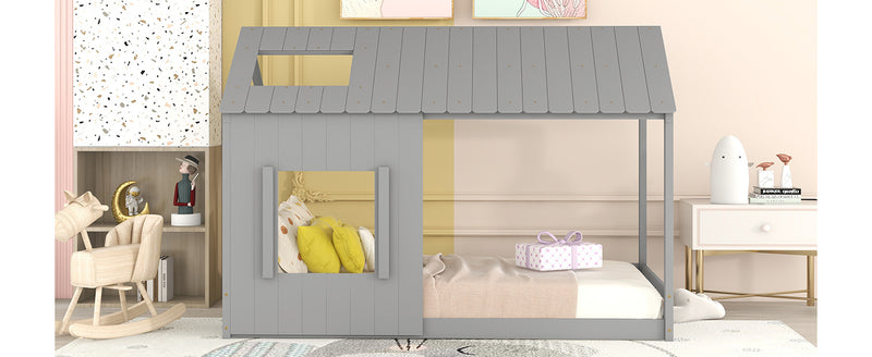 Twin Size House Bed with Roof and Window - Gray