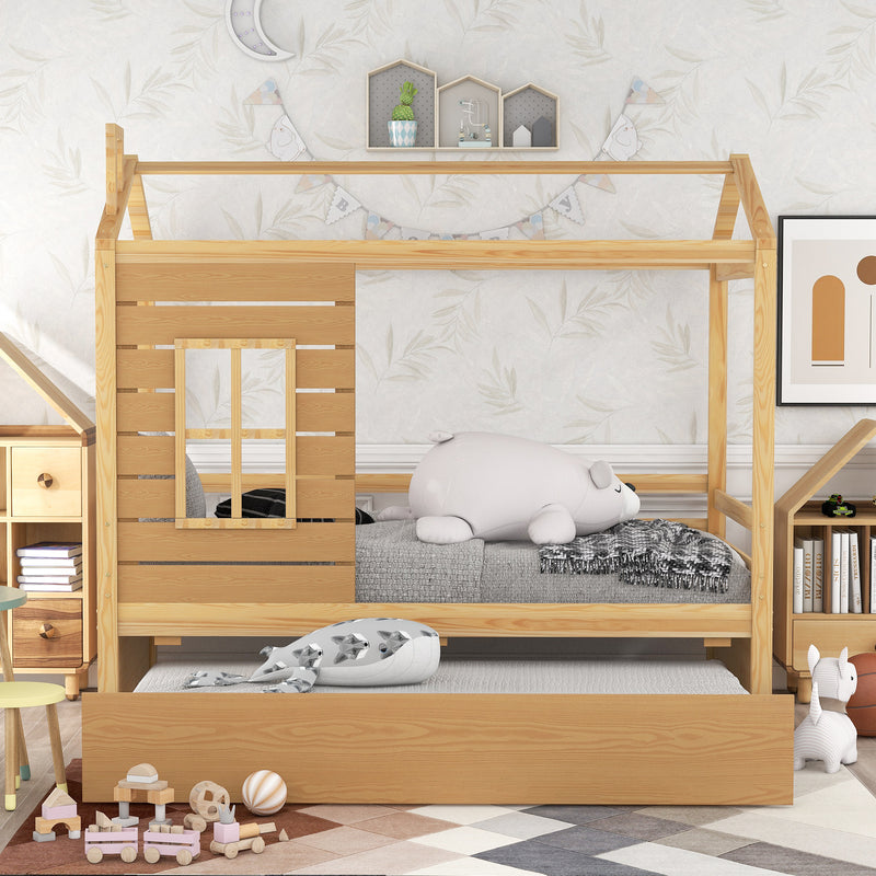 Twin Size House Bed Wood Bed with Twin Size Trundle ( Natural )