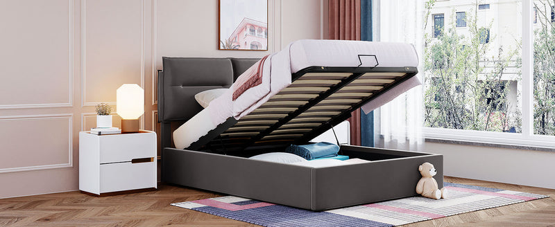 Upholstered Platform bed with a Hydraulic Storage System, Full size, Gray