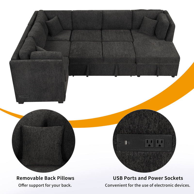 U-Shaped Sectional Sofa Pull Out Sofa Bed With Two USB Ports, Two Power Sockets, Three Back Pillows And A Storage Chaise For Living Room