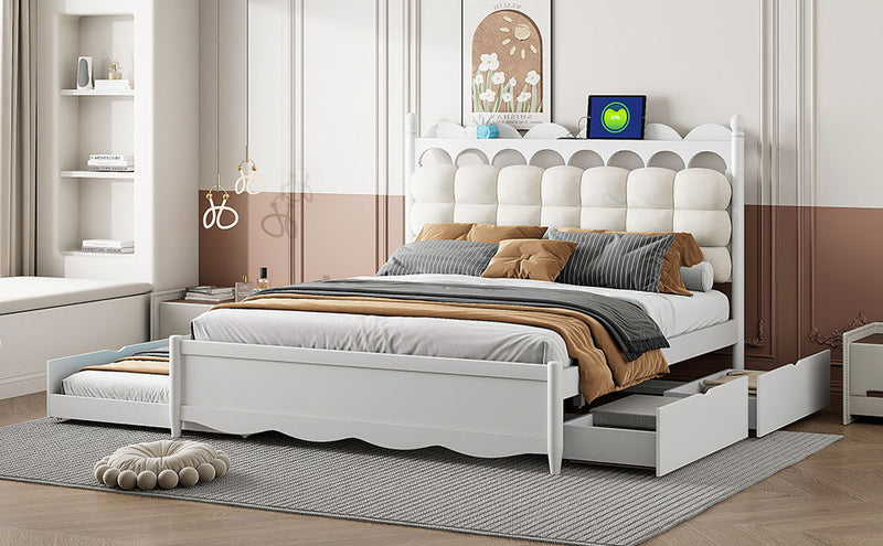 Storage Platform Bed, With 2 Big Drawers, Trundle, One Set Of Sockets & USB Ports