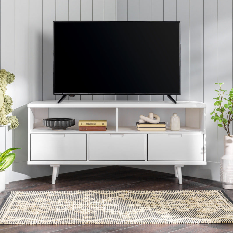 Mid-Century Modern Minimalist 3 Drawer Corner TV Stand For TVs Up To 58 - White