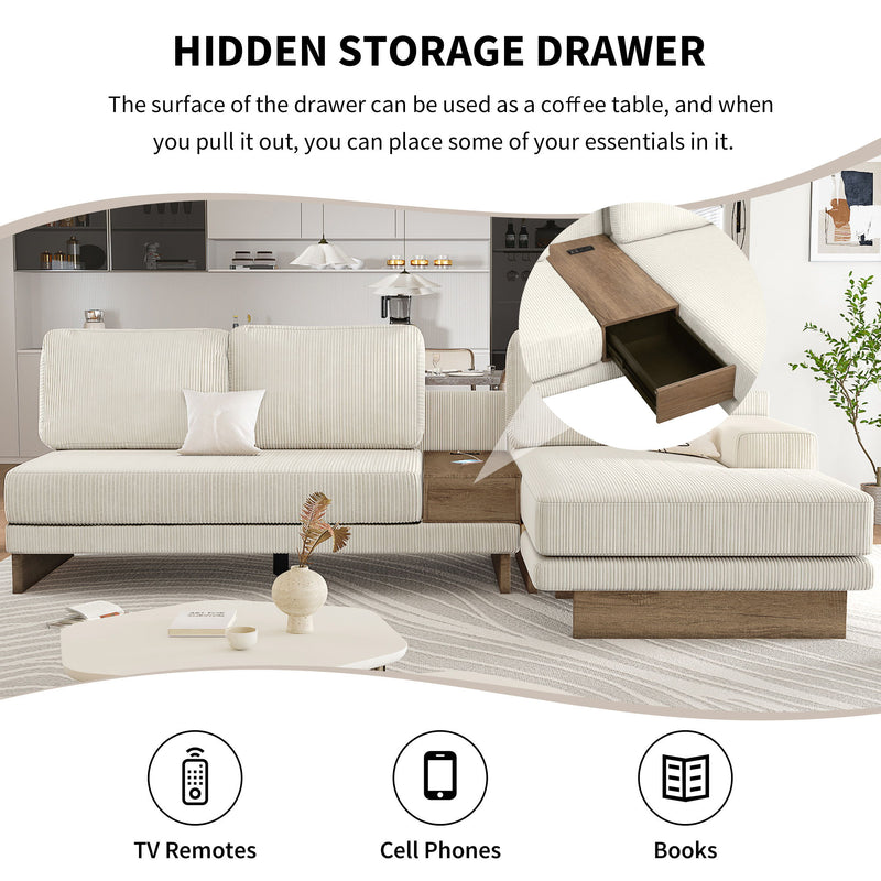 L-Shaped Sofa Sectional Sofa With Two USB Ports And Two Power Sockets, A Storage Drawer And A Reversible Chaise Lounge For Living Room