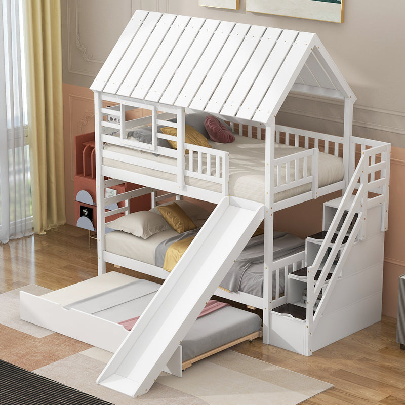 Twin over Twin House Bunk Bed with Trundle and Slide, Storage Staircase, Roof and Window Design, White(Old SKU: GX000931AAK)