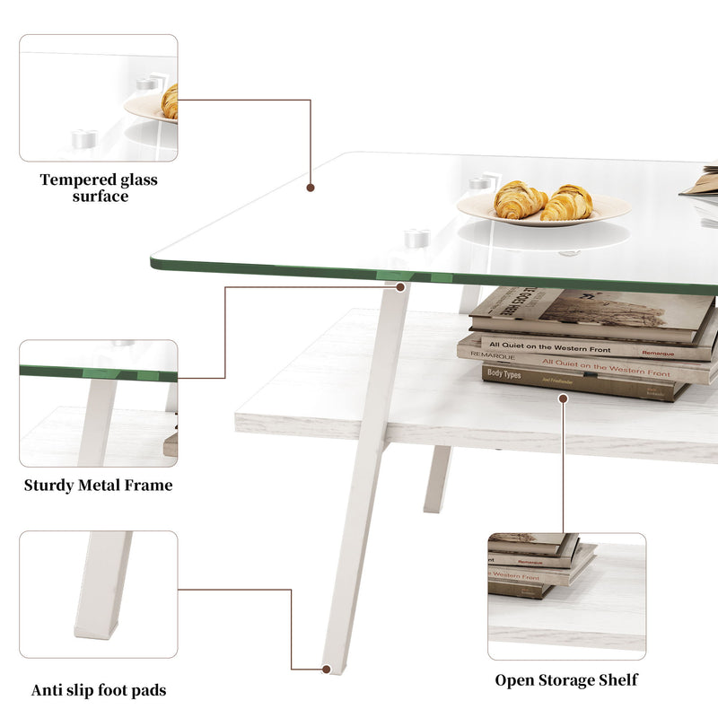 Rectangle Coffee Table, Tempered Glass Tabletop With Metal Legs, Modern Table For Living Room