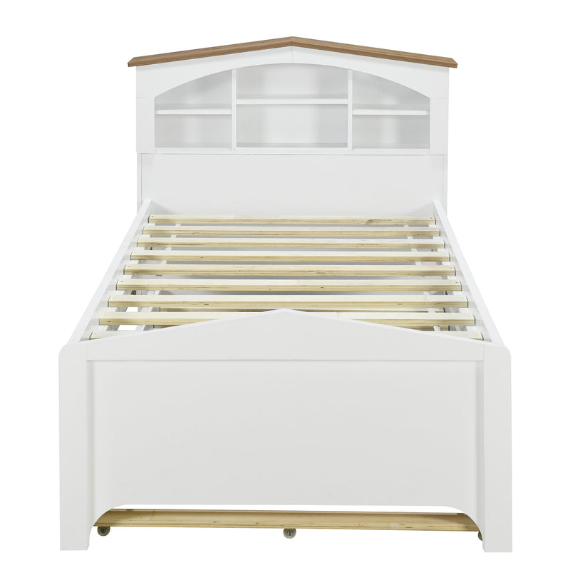 Twin Size Wood Platform Bed with House-shaped Storage Headboard and Trundle, White