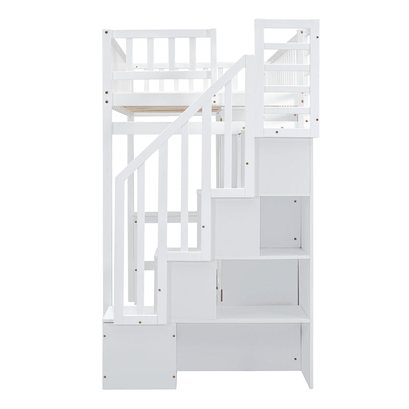 Twin size Loft Bed with Bookshelf,Drawers,Desk,and Wardrobe-White