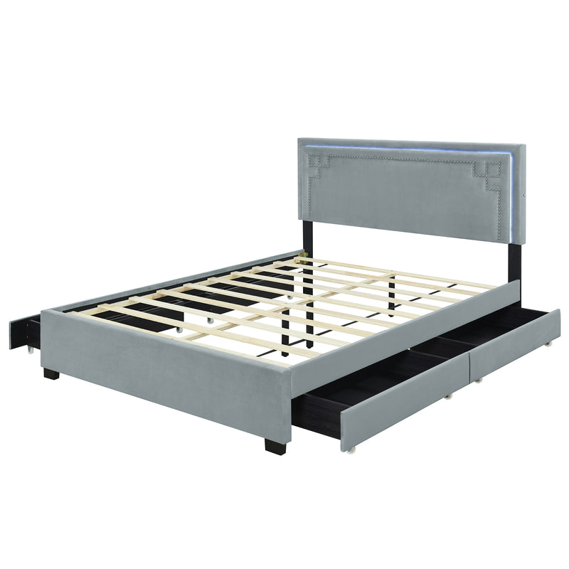 Queen Size Upholstered Platform Bed with Rivet-decorated Headboard, LED bed frame and 4 Drawers, Gray