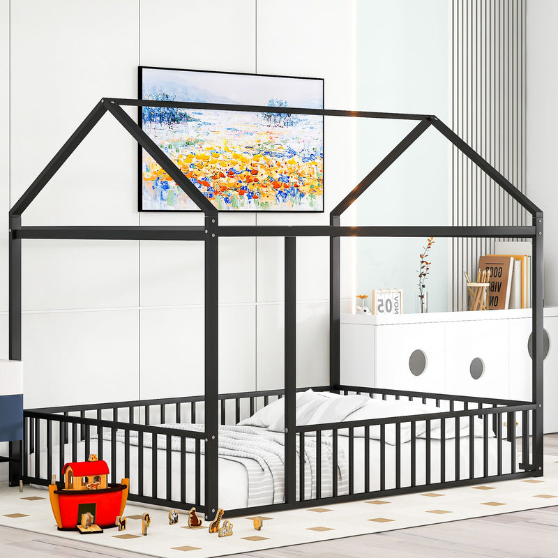 Metal Bed House Bed Frame With Fence, For Kids, Teens, Girls, Boys