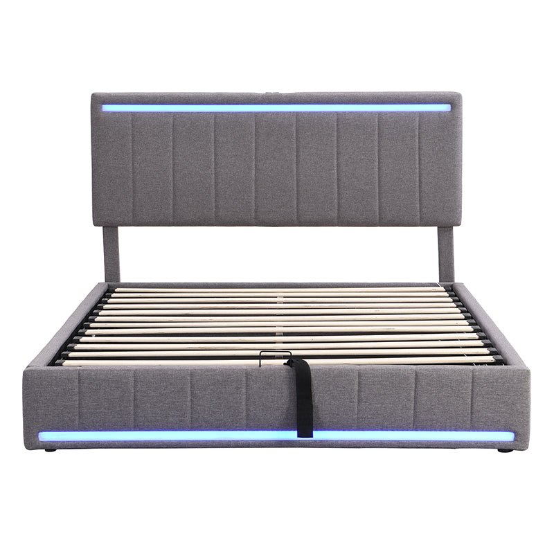 Queen Size Upholstered Platform Bed with Hydraulic Storage System, LED Light, and a set of USB Ports and Sockets, Linen Fabric, Gray