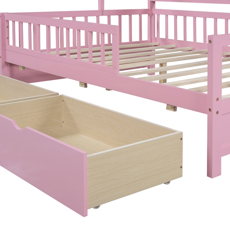 Wooden Full Size House Bed with 2 Drawers,Kids Bed with Storage Shelf, Pink