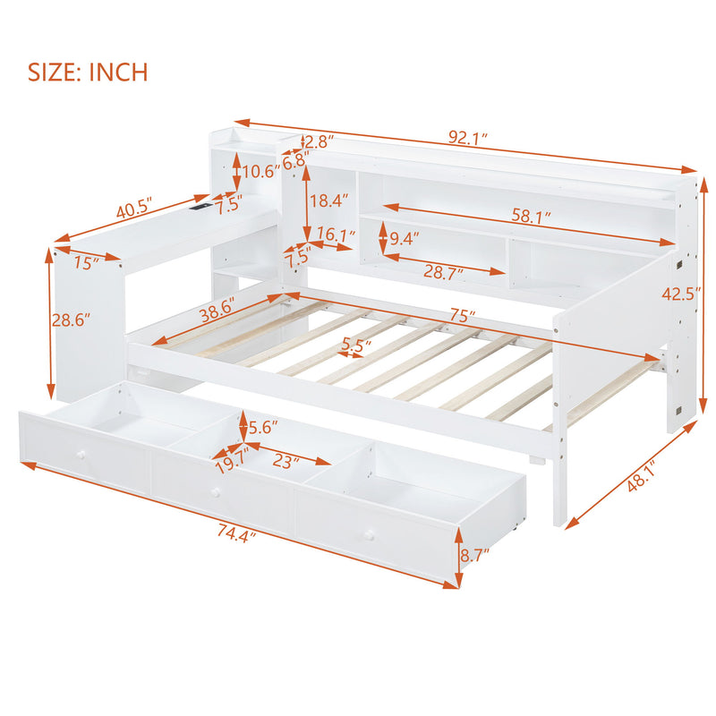 Wooden Daybed With 3 Drawers, USB Ports And Desk