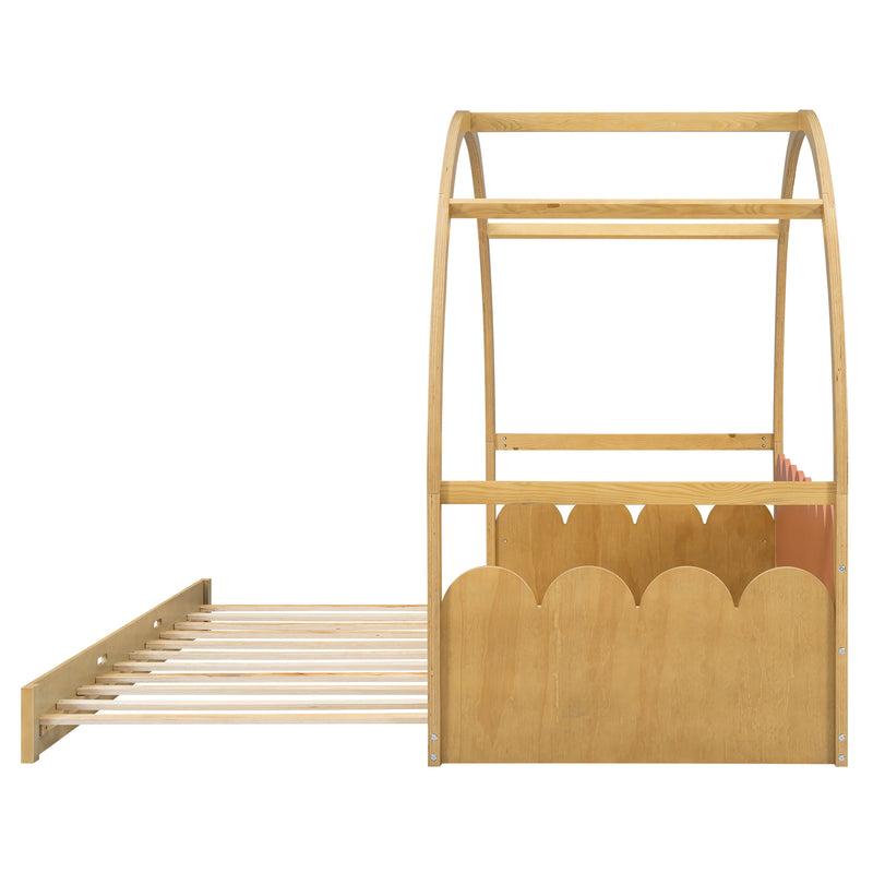 Twin size stretchable vaulted roof bed, children's bed pine wood frame, natural and orange