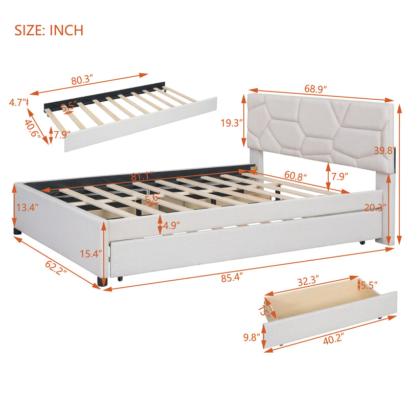 Queen Size Upholstered Platform Bed with Brick Pattern Headboard, with Twin XL Size Trundle and 2 drawers, Linen Fabric, Beige