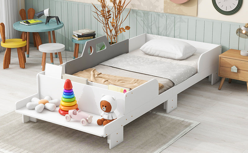 Car-Shaped Twin Wood Bed with Bench,White