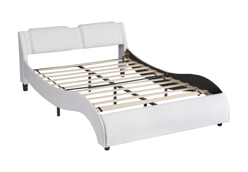 Queen Size Upholstered Faux Leather Platform Bed with LED Light Bed Frame with Slatted - White