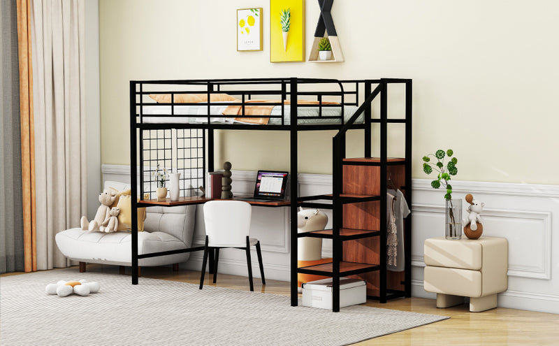 Twin Size Metal Loft Bed with Desk and Metal Grid, Stylish Metal Frame Bed with Lateral Storage Ladder and Wardrobe, Black