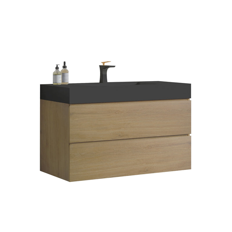 Alice - Natural Oak Bathroom Vanity With Sink, Large Storage Wall Mounted Floating Bathroom Vanity For Modern Bathroom, One-Piece Black Sink Basin Without Drain