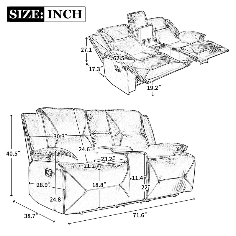 Home Theater Recliner Set Manual Recliner Chair With A Led Light Strip Two Built-In Cup Holders For Living Room