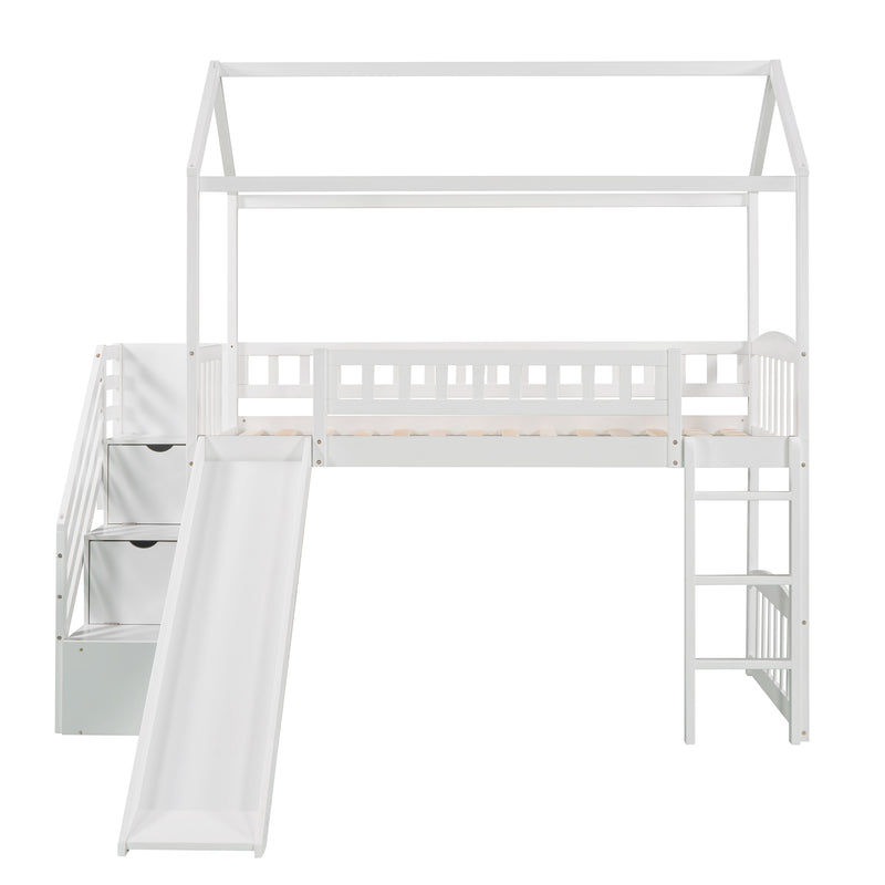 Twin Loft Bed with Two Drawers and Slide, House Bed with Slide, White (Old SKU: LP000130AAK)