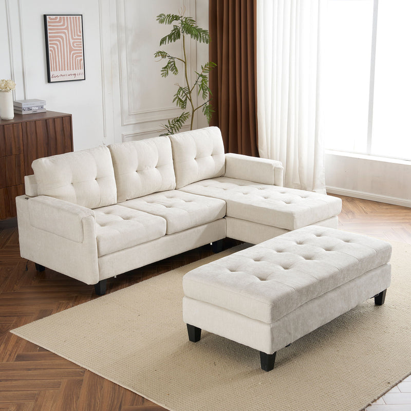 L Shaped Sofa Sectional Couch Sofa Bed With Two USB Ports, A Movable Ottoman And A Reversible Chaise Lounge For Living Room